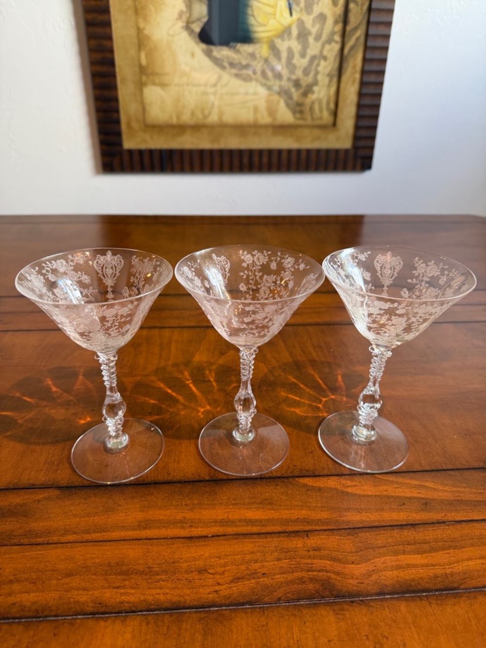 Vintage Cambridge Rosepoint Etched Crystal Martini Champagne Goblets-3 Stem#3121